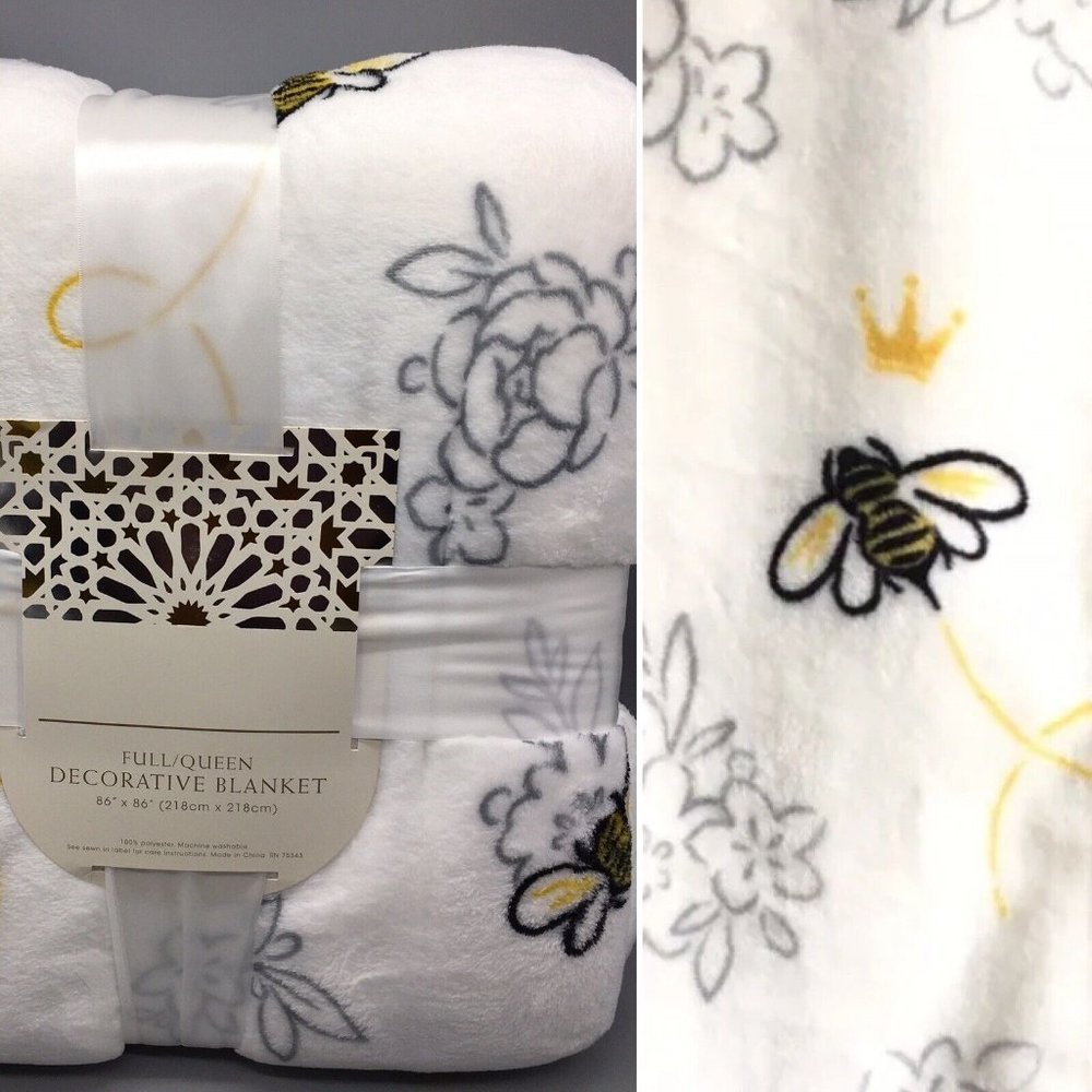 Cynthia Rowley Bee Crown FULL QUEEN Blanket Floral Gray Yellow Blk Micro Fleece